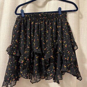 For Love and Lemons Black Ruffle Mini Skirt With Floral Print